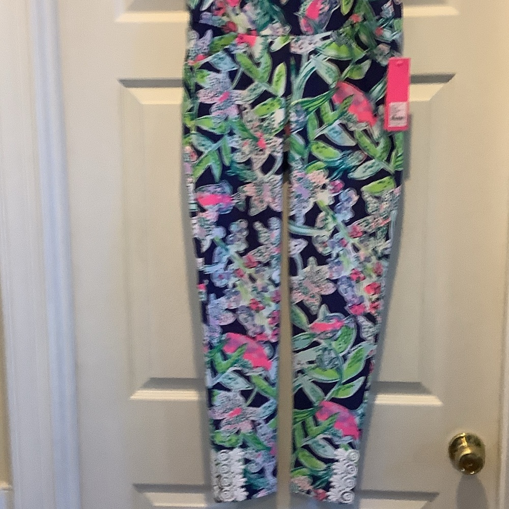Lilly Pulitzer Navy and Pink Floral Leggings Fairway Performance, sway this way,